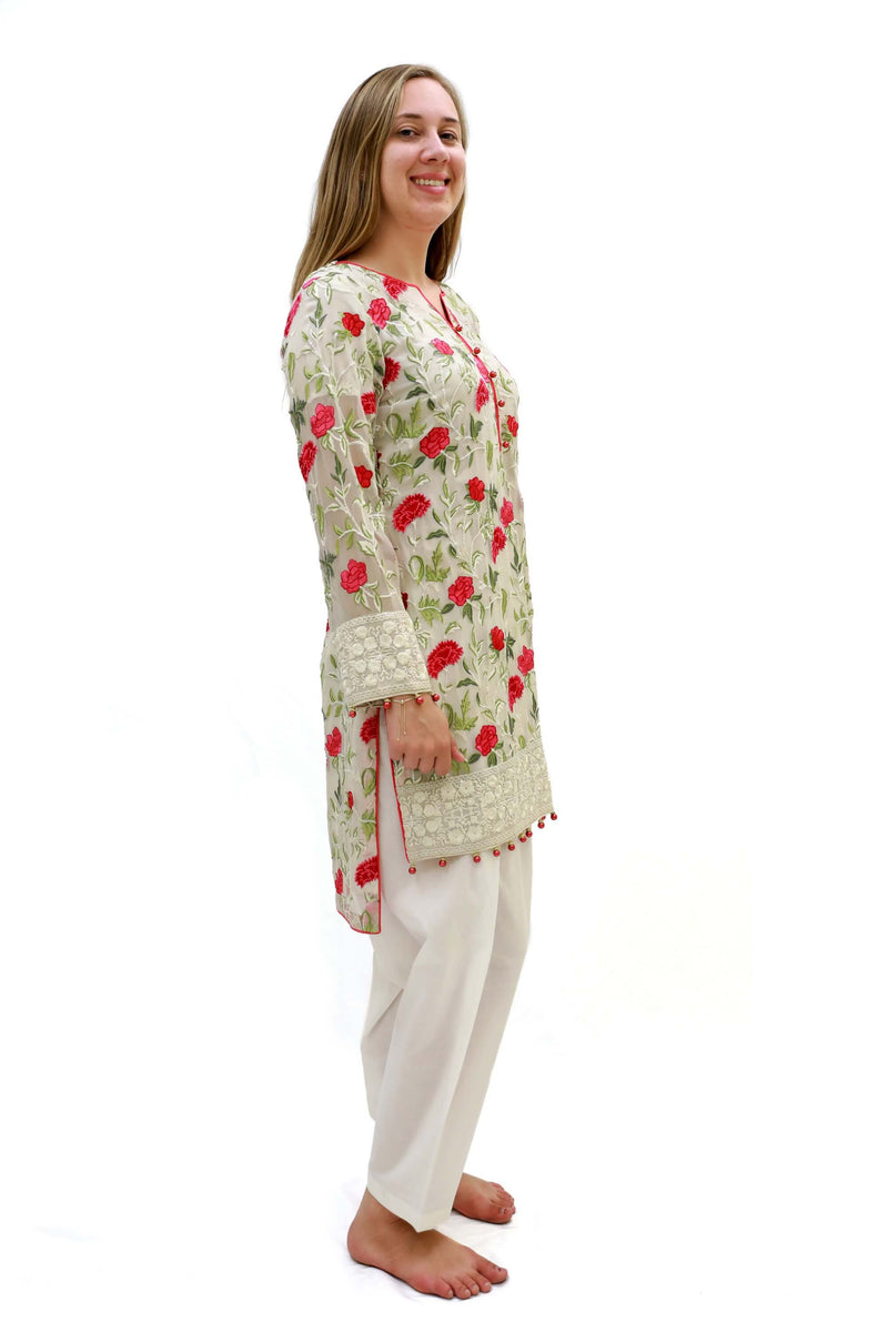 Thread and Motifs Beige Chiffon Floral Embroidered Shirt- Women's South Asian Fashion 