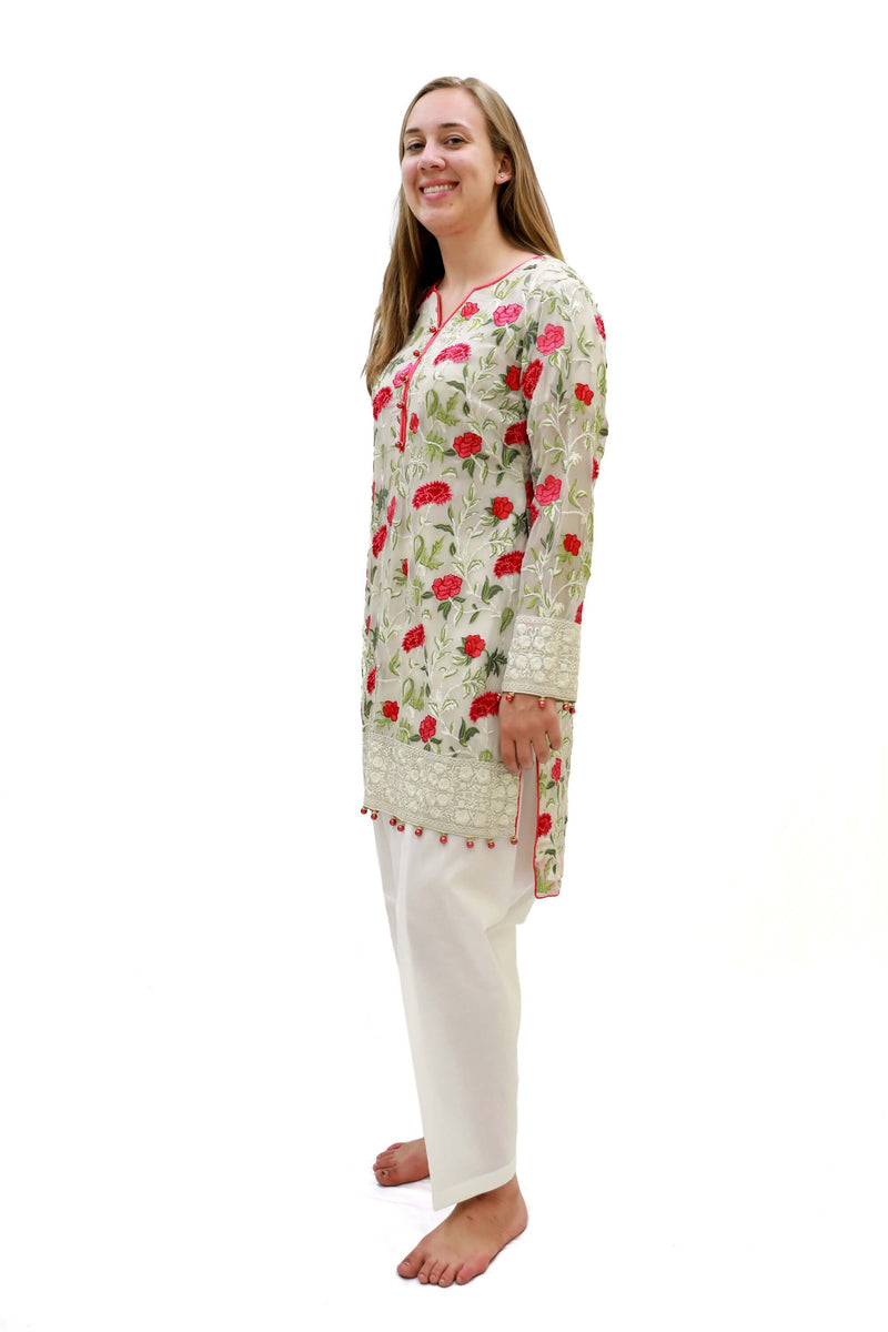Thread and Motifs Beige Chiffon Floral Embroidered Shirt- Women's South Asian Fashion 