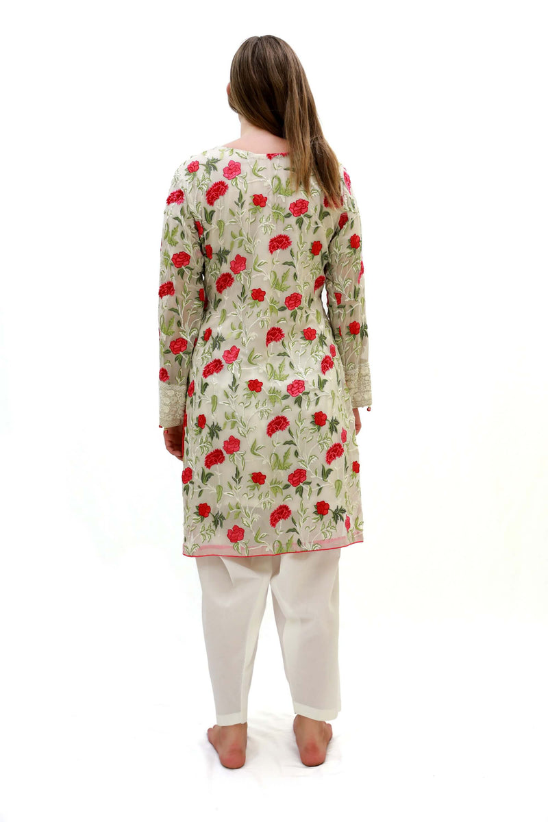 Thread and Motifs Beige Chiffon Floral Embroidered Shirt- Women's South Asian Fashion 