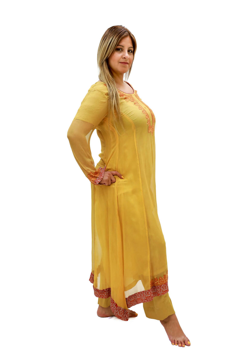 Yellow-Mustard Silk & Chiffon Salwar Kameez-Suit - Trendz & Traditionz Boutique 