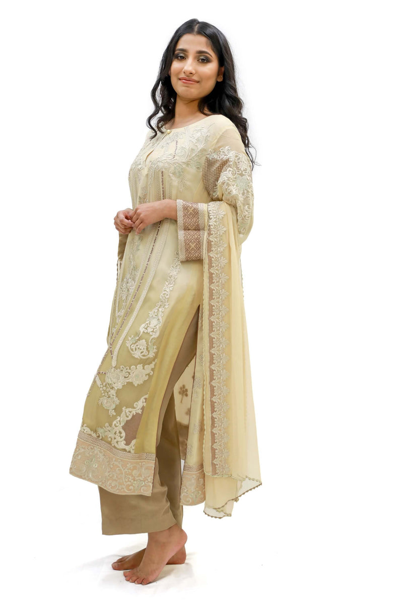 Gold & Beige Salwar Kameez - Suit - Sobia Nazir Silk Collection