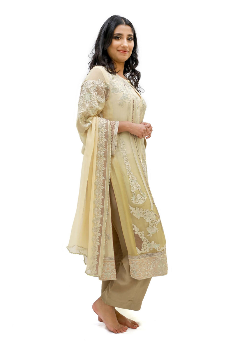 Gold & Beige Salwar Kameez - Suit - Sobia Nazir Silk Collection