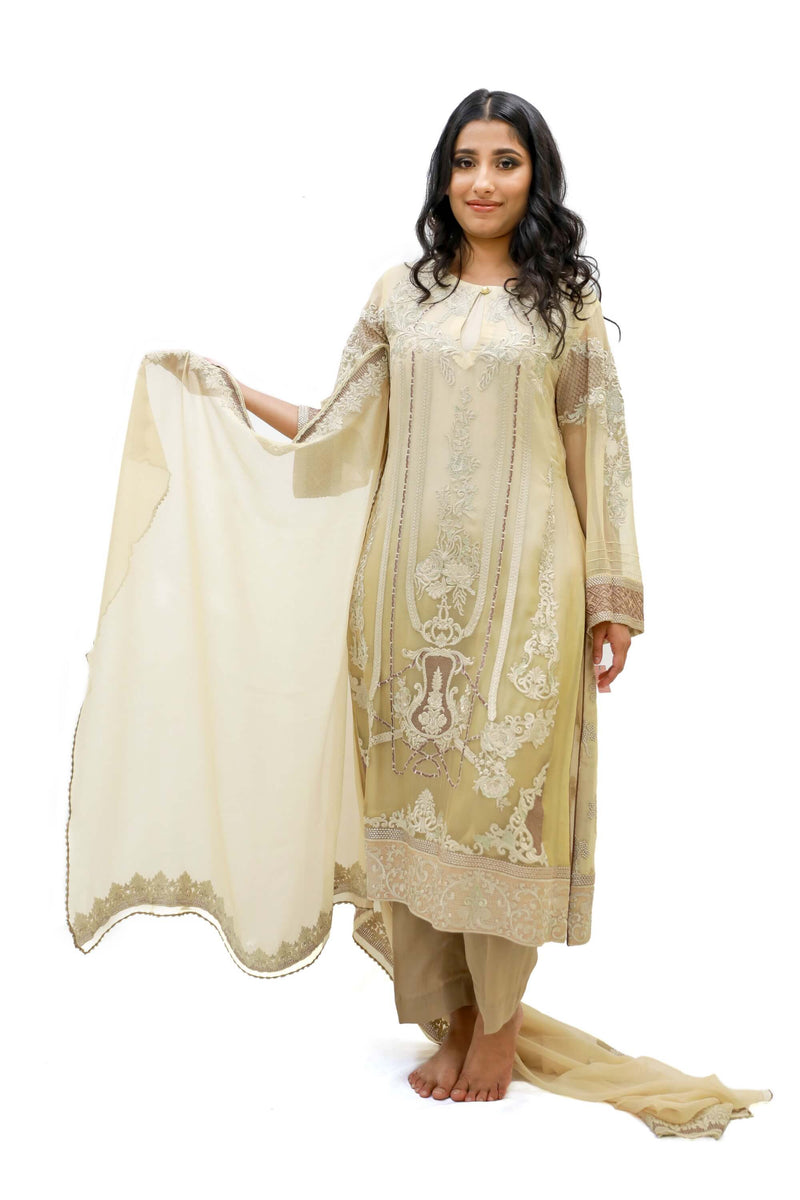 Gold & Beige Salwar Kameez - Suit - Sobia Nazir Silk Collection