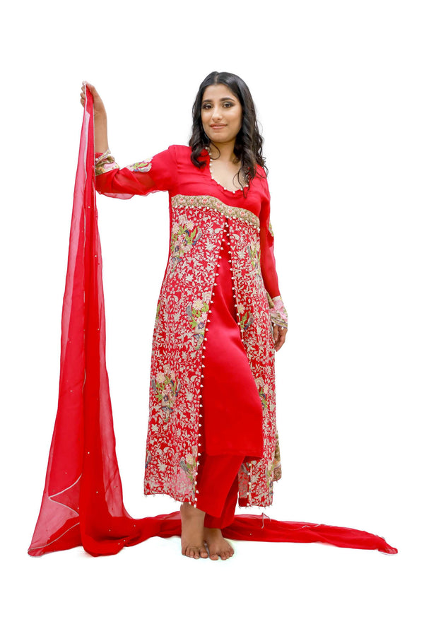 Red Chiffon Embroidered Salwar Kameez - Suit - South Asian Fashion