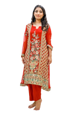 Red Chiffon Embroidered Salwar Kameez - Suit - South Asian Fashion