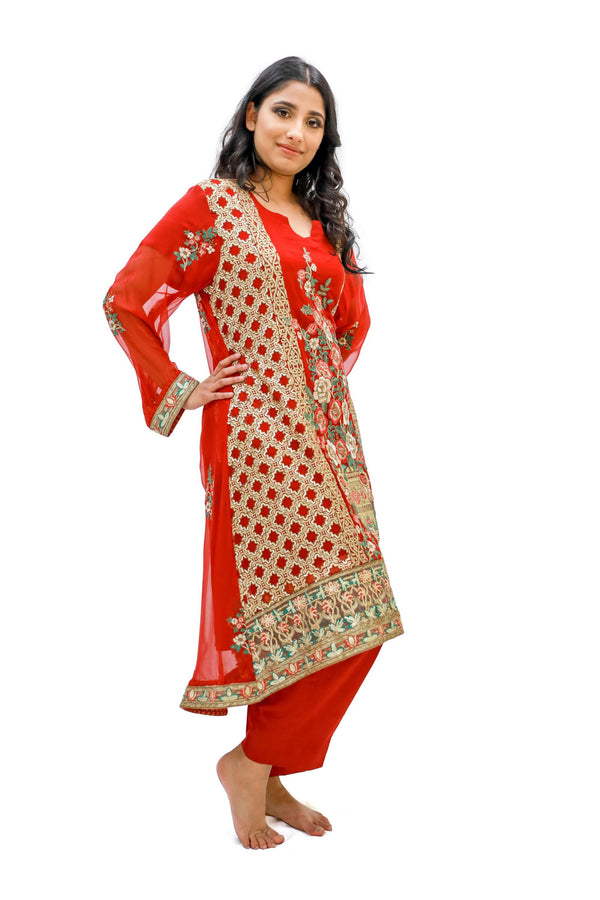 Red Chiffon Embroidered Salwar Kameez - Suit - South Asian Fashion