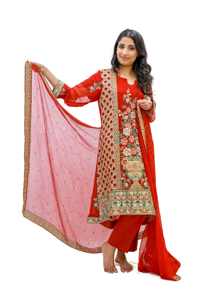 Red Chiffon Embroidered Salwar Kameez - Suit - South Asian Fashion