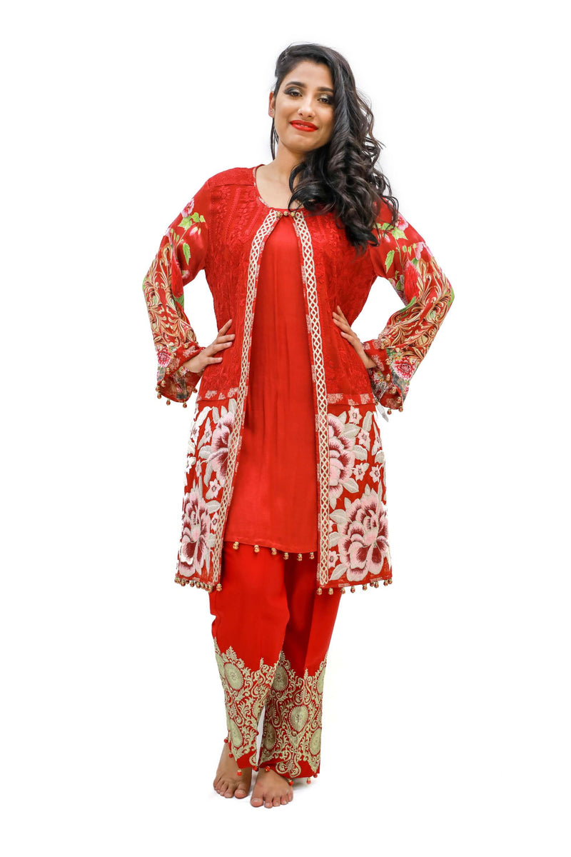 Red Chiffon & Silk Salwar Kameez - Suit - Women's South Asian Fashion