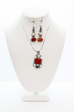Silver Necklace and Earring Set with Red Stones - South Asian Fashion & Unique Home Decor