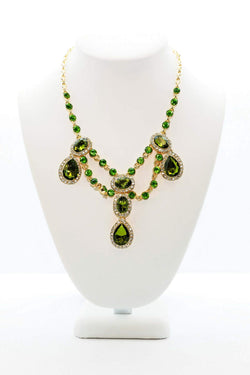 Green Earrings With Large Peridot Colored Stone and Golden Green Crystal Necklace