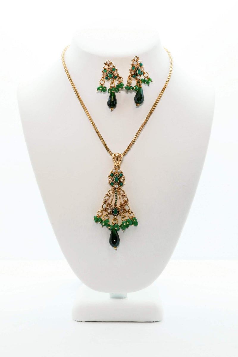 Golden Necklace and Earring Set with Green Stones - Trendz & Traditionz Boutique 