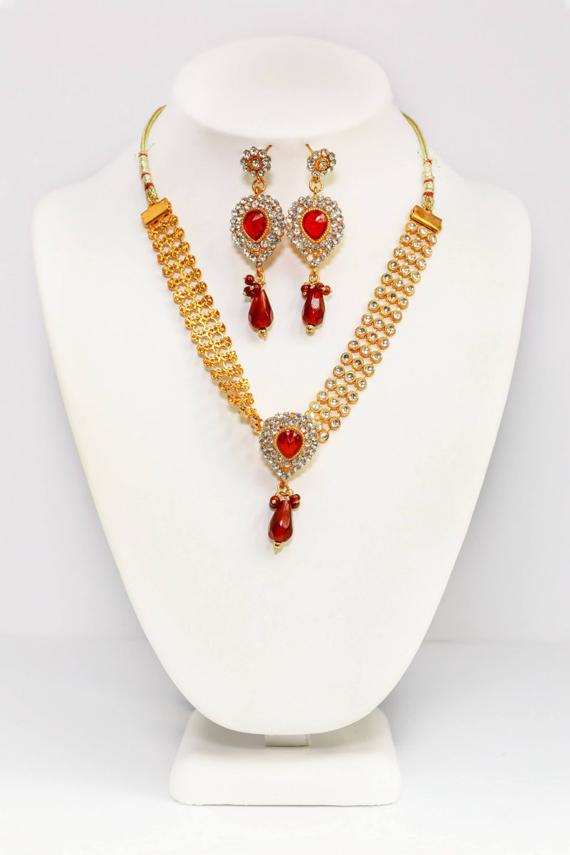 Golden Necklace and Earring Set With Red Stones - Trendz & Traditionz Boutique 