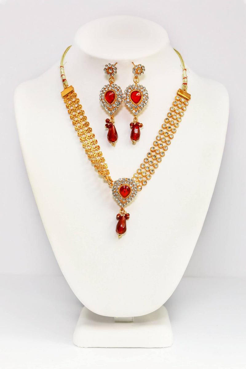 Golden Necklace and Earring Set With Red Stones - Trendz & Traditionz Boutique 