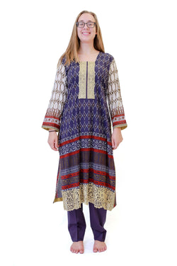 Purple & Beige Cotton Salwar Kameez - Suit - South Asian Fashion