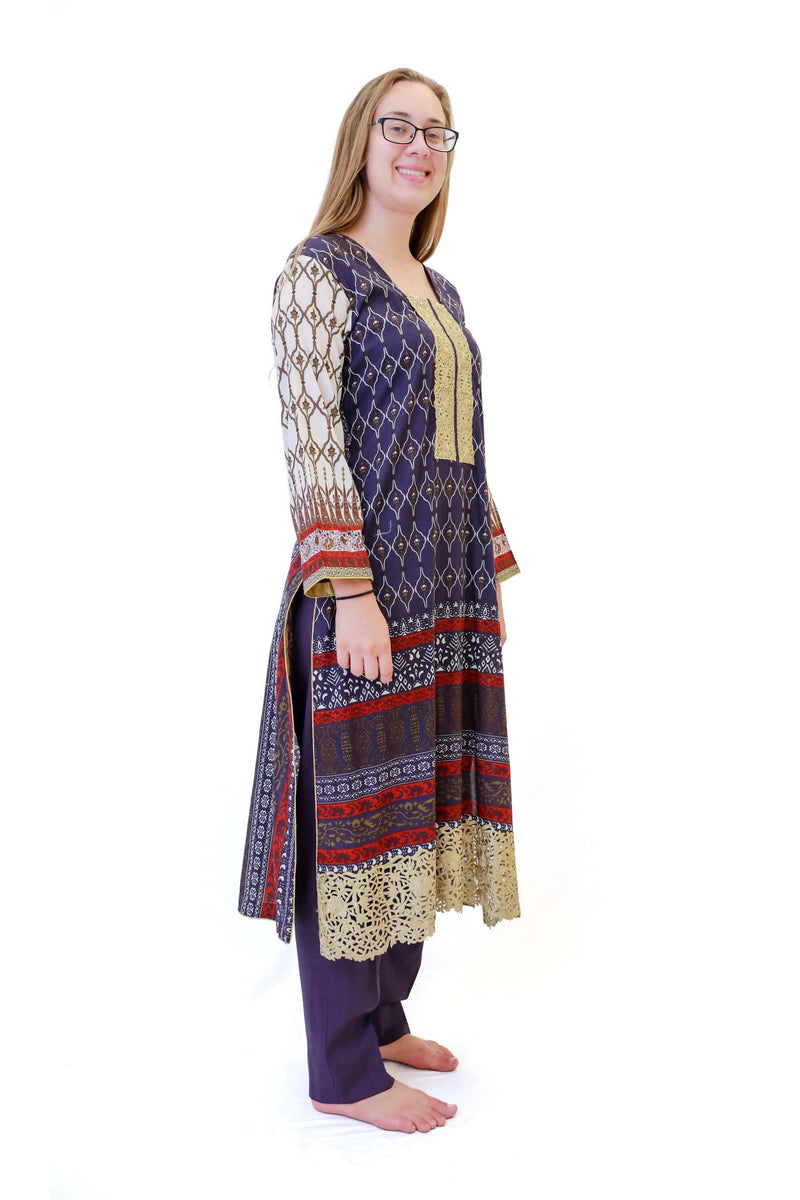 Purple & Beige Cotton Salwar Kameez - Suit - South Asian Fashion