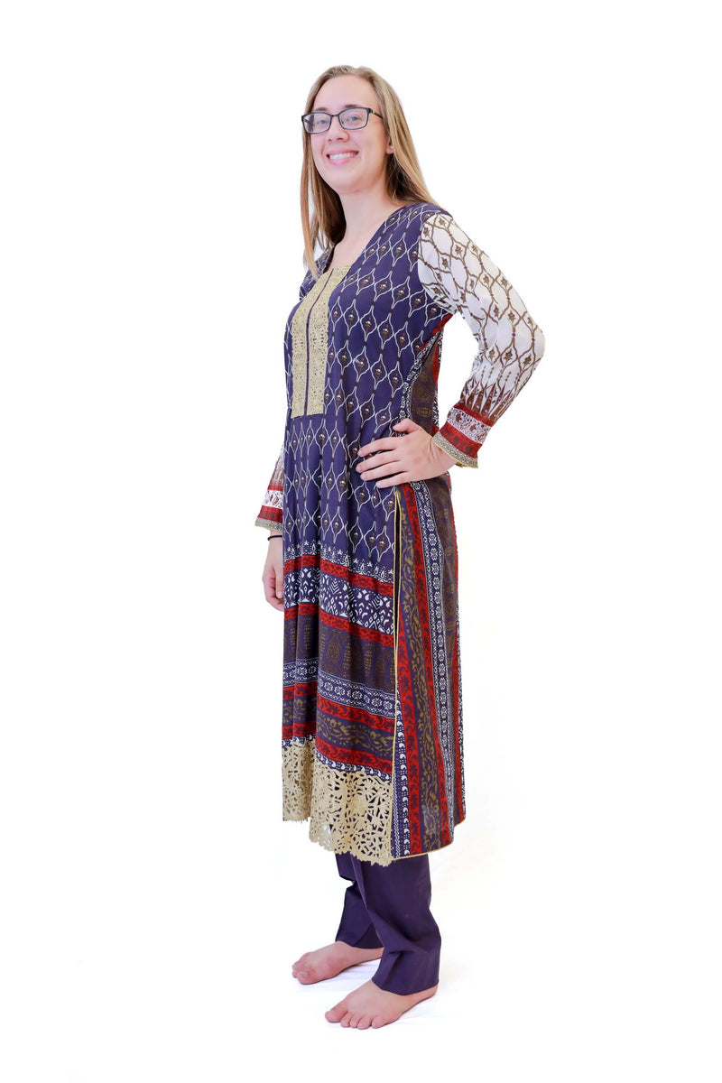 Purple & Beige Cotton Salwar Kameez - Suit - South Asian Fashion
