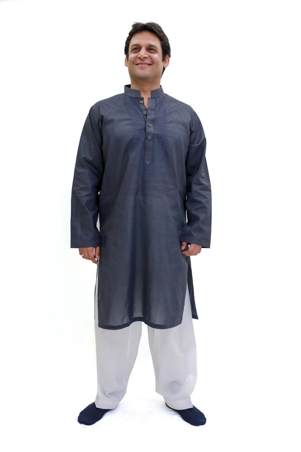 Blue-Grey Cotton Kurta - Shirt - Men's South Asian Fashion