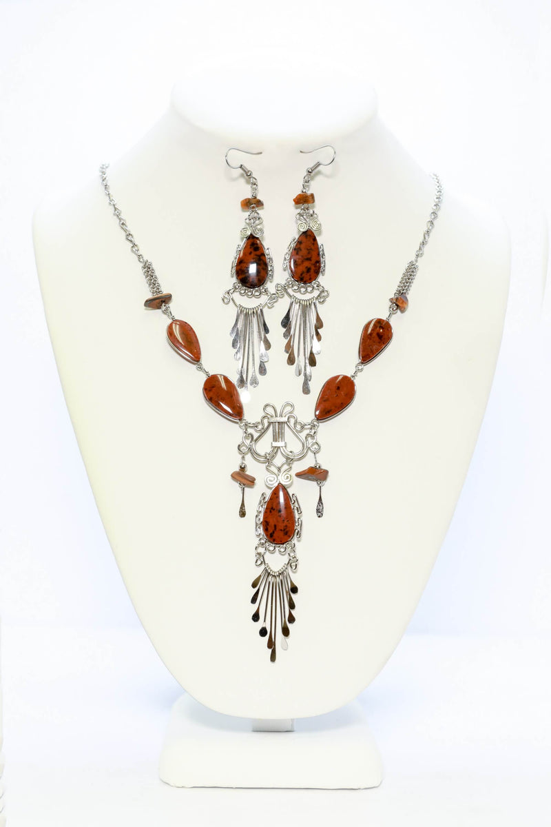 Silver Necklace and Earring Set with Red Stones - South Asian Fashion & Unique Home Decor