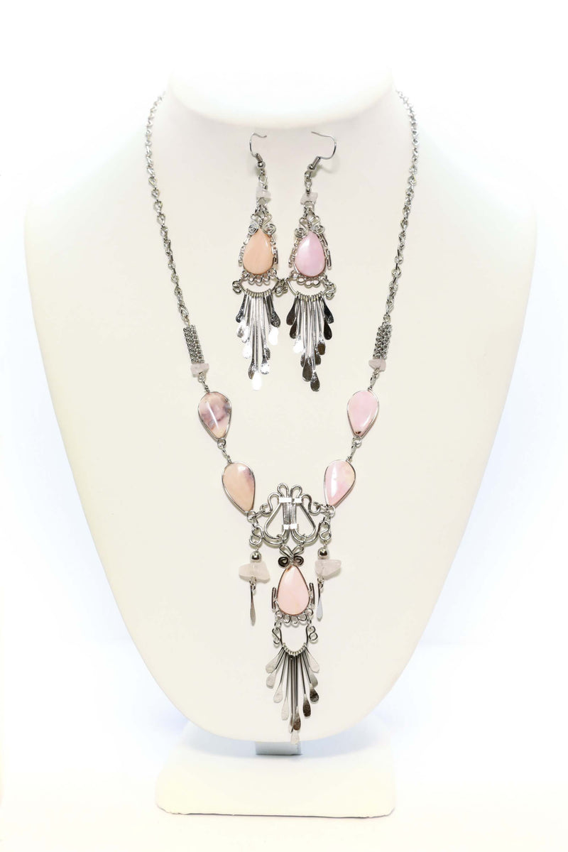 Pink Stone Necklace & Earrings Set - South Asian Fashion & Unique Home Decor