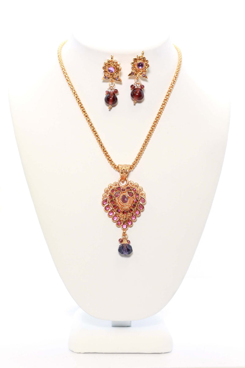  Golden Necklace and Earring Set with Violet Stones - Trendz & Traditionz Boutique 