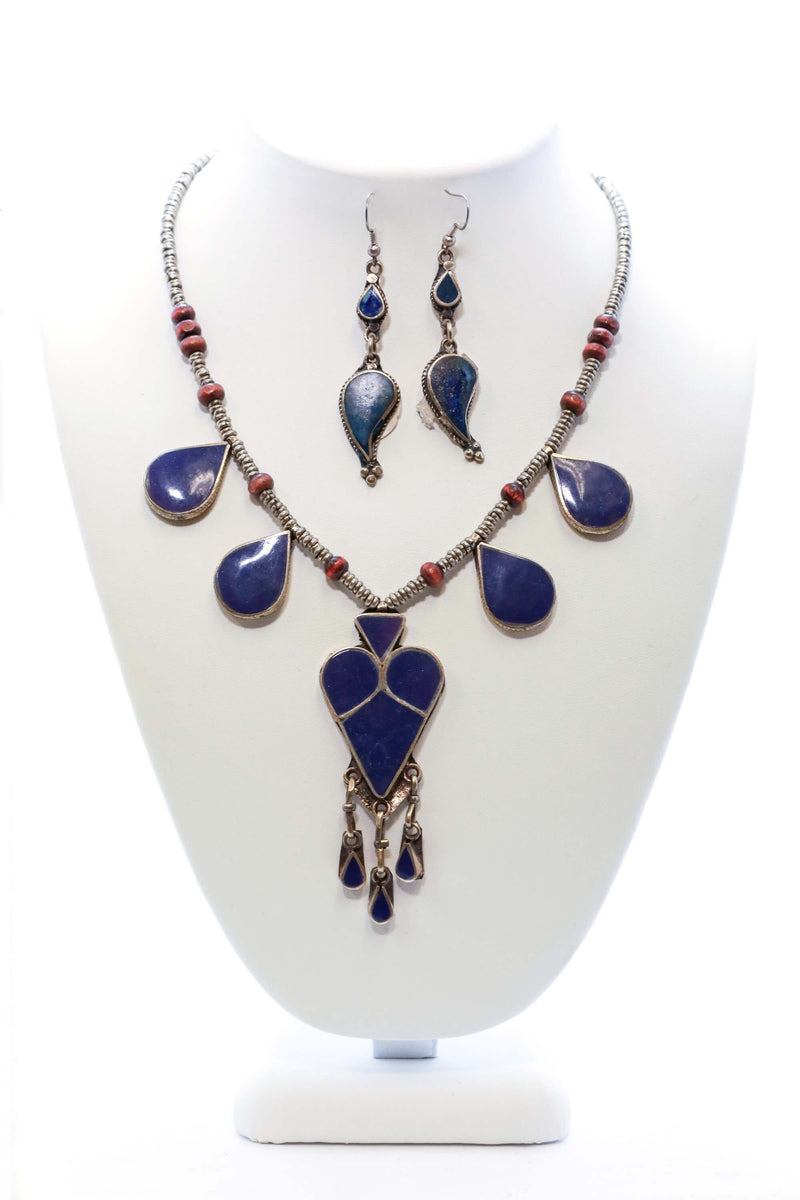 Silver and Dark Blue Necklace and Earring Set - South Asian Fashion & Unique Home Decor