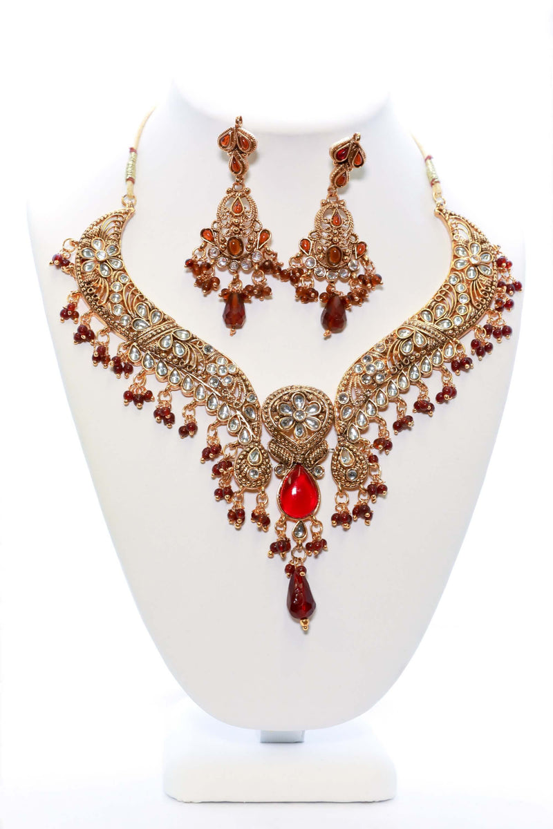 Golden and Red Necklace and Earring Set - Trendz & Traditionz Boutique 