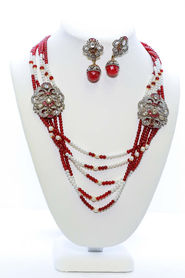 Red and White Necklace and Earring Set From India - South Asian Fashion & Unique Home Decor