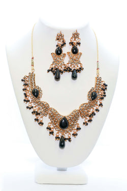 Golden Necklace and Earring Set With Black Stones - Trendz & Traditionz Boutique 