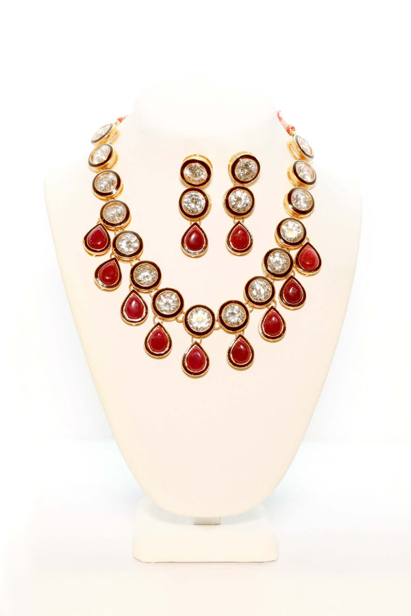 Large Maroon & Crystal Stones Necklace Set - Trendz & Traditionz Boutique 
