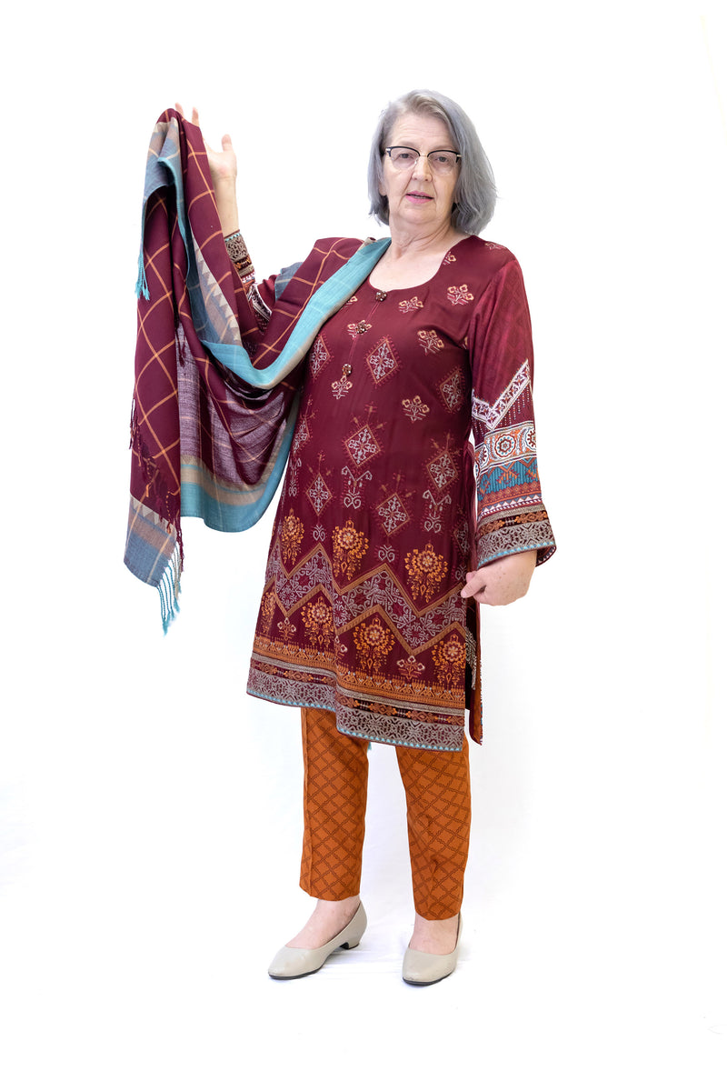Maroon Cotton Salwar Kameez-Maria B. Suit- Women's South Asian Fashion