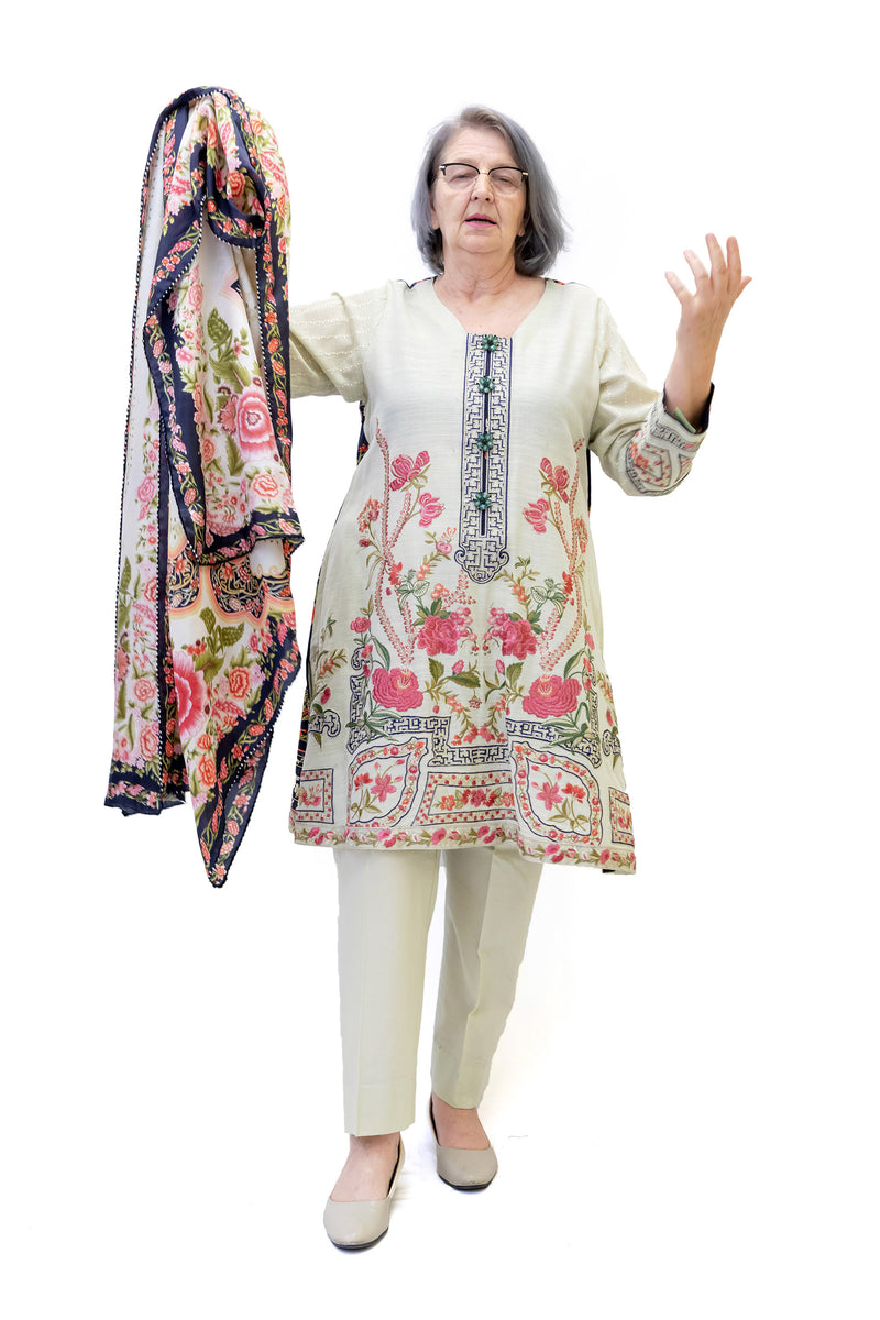 Beige Embroidered Salwar Kameez - Elan Suit - South Asian Fashion