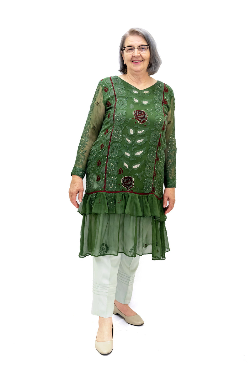 Green Embroidered Chiffon Kurti - Women’s Shirt - South Asian Fashion