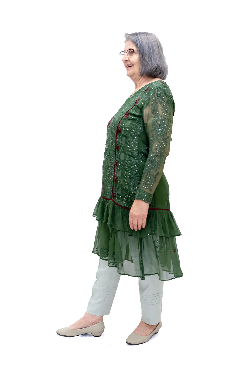 Green Embroidered Chiffon Kurti - Women’s Shirt - South Asian Fashion