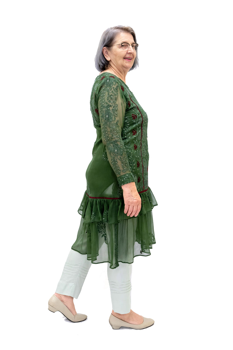 Green Embroidered Chiffon Kurti - Women’s Shirt - South Asian Fashion