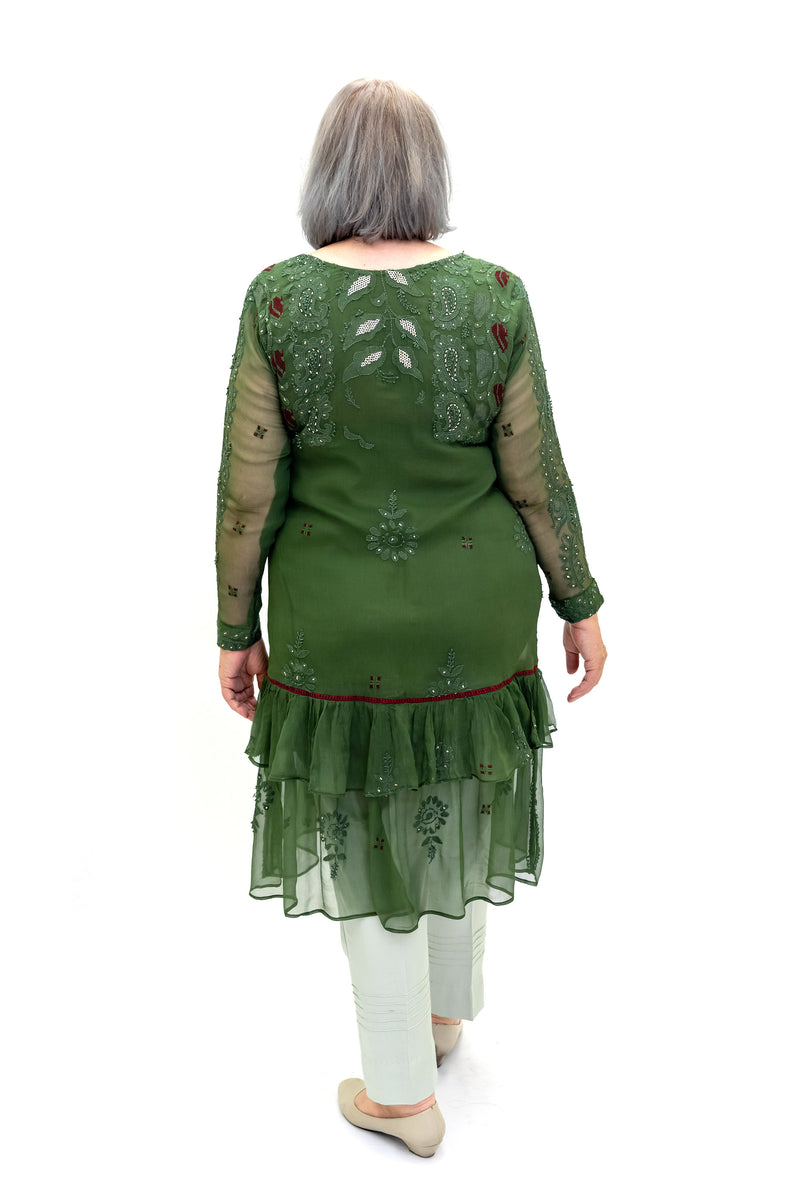 Green Embroidered Chiffon Kurti - Women’s Shirt - South Asian Fashion