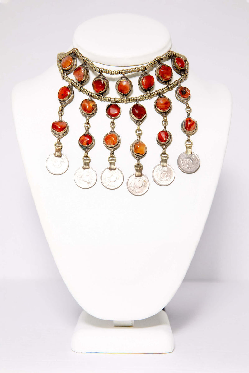 Brass Beaded Necklace With Red Stones and Pakistani Coins - South Asian Fashion & Unique Home Decor
