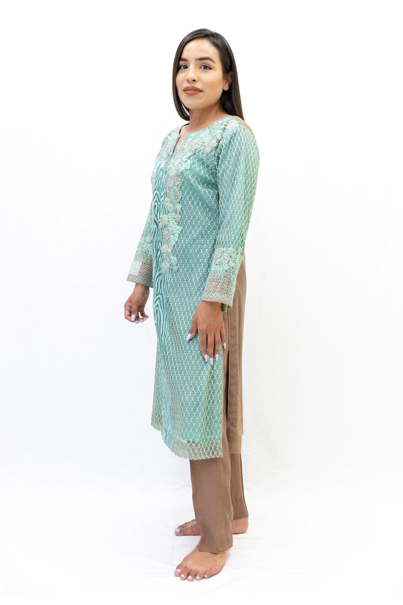 Teal & Brown Salwar Kameez - Asim Jofa Suit - South Asian Formal Wear