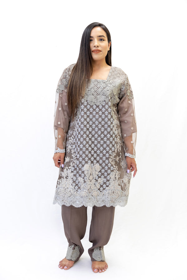 Brown Net Salwar Kameez - Sobia Nazir Suit - South Asian Fashion