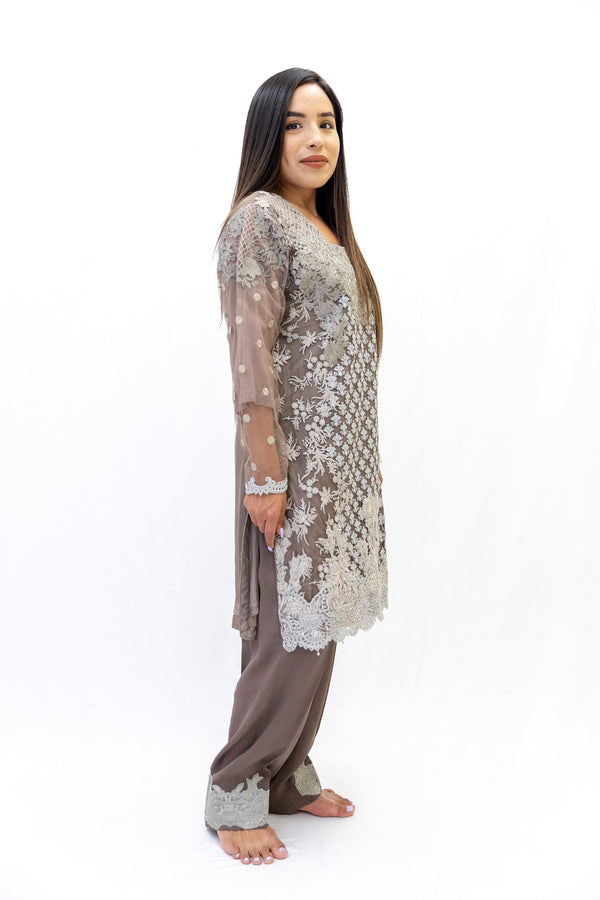 Brown Net Salwar Kameez - Sobia Nazir Suit - South Asian Fashion