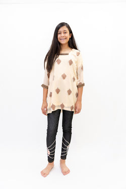 Peach Chiffon Shirt with Brown Embroidery - South Asian Causal Wear