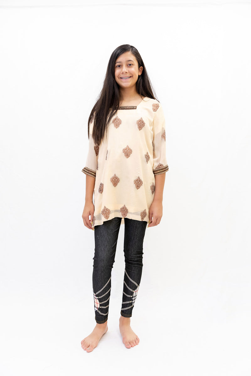Peach Chiffon Shirt with Brown Embroidery - South Asian Causal Wear
