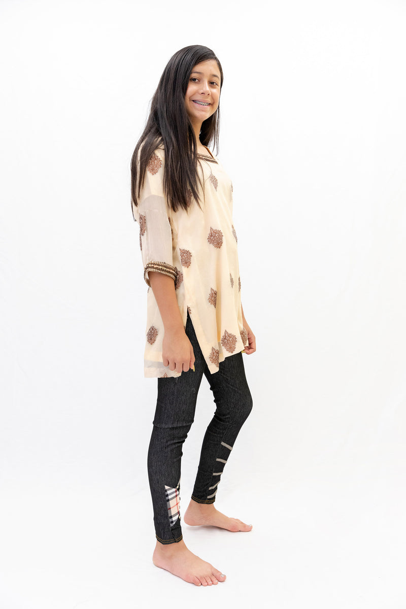 Peach Chiffon Shirt with Brown Embroidery - South Asian Causal Wear