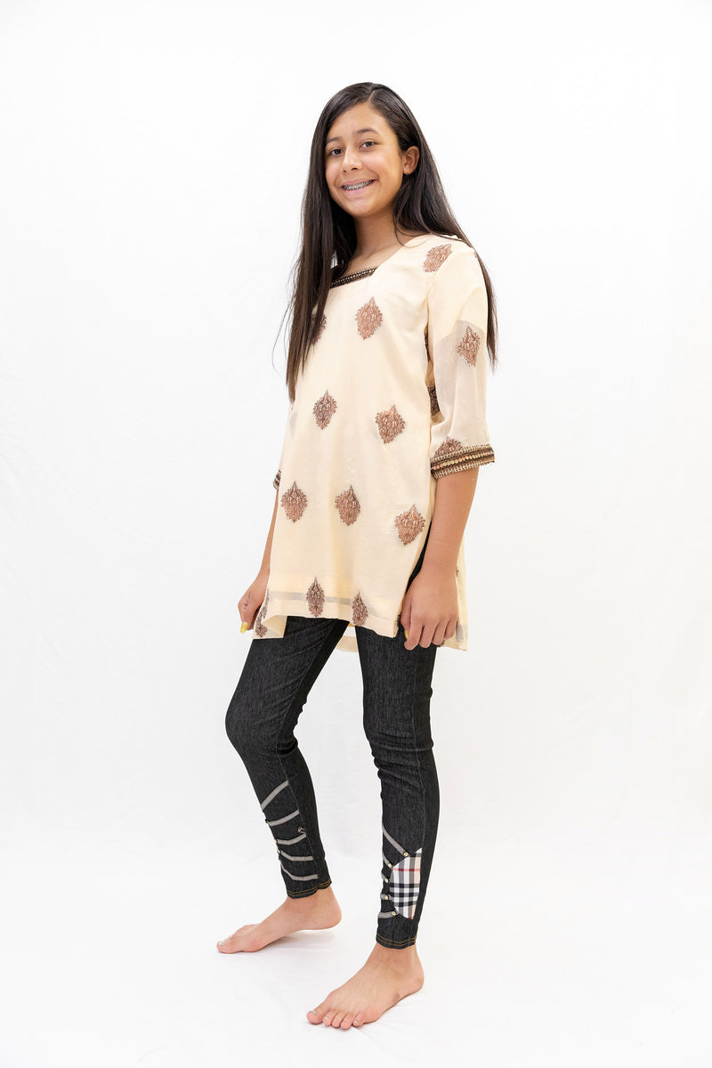 Peach Chiffon Shirt with Brown Embroidery - South Asian Causal Wear