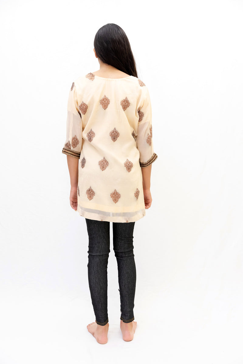 Peach Chiffon Shirt with Brown Embroidery - South Asian Causal Wear