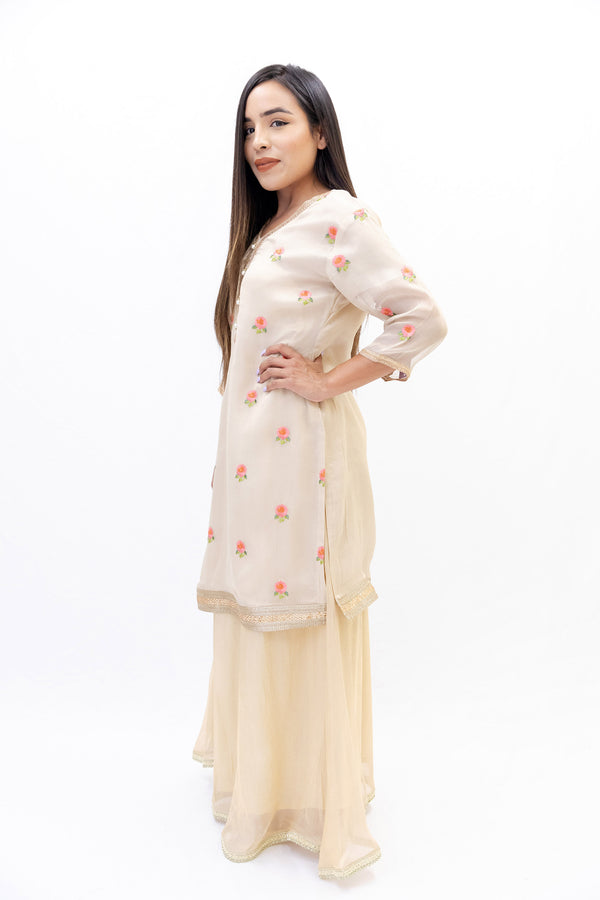 Off-white Net Embroidered Kurti - Women's Shirt - South Asian Fashion