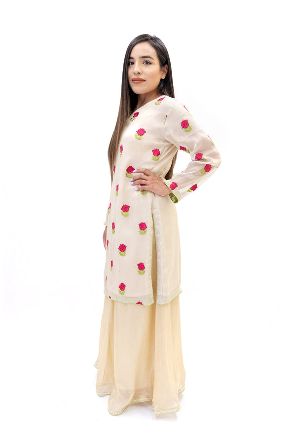 Beige Floral Embroidered Net Kurti - Shirt - Indian Pakistani Fashion