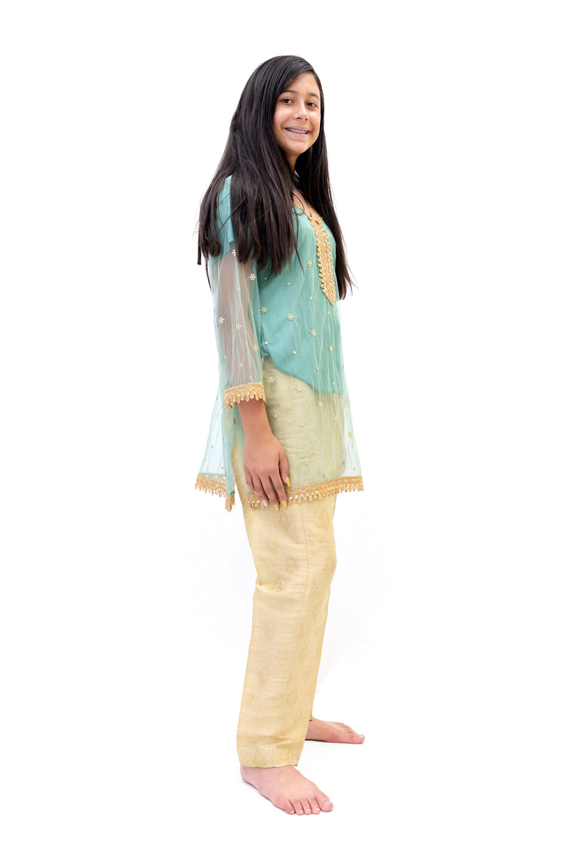 Gold Brocade Pant- Blue Net Shirt - Trendz & Traditionz Boutique