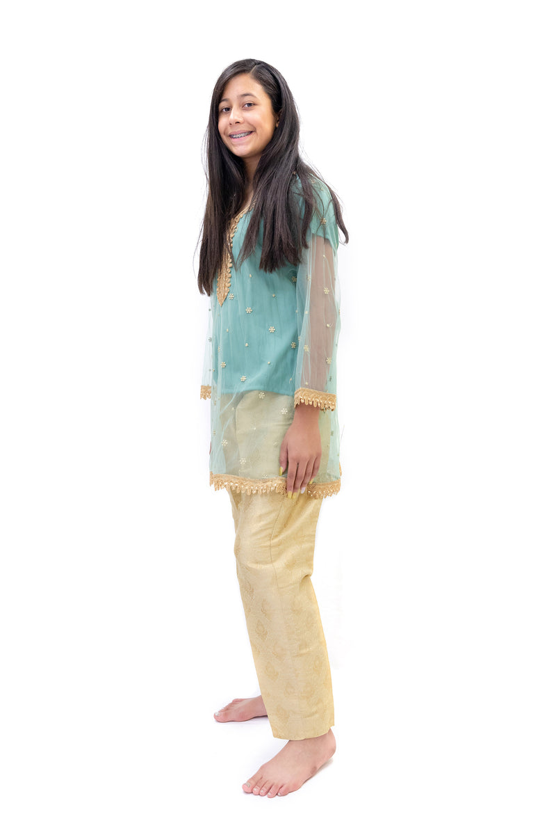 Gold Brocade Pant- Blue Net Shirt - Trendz & Traditionz Boutique