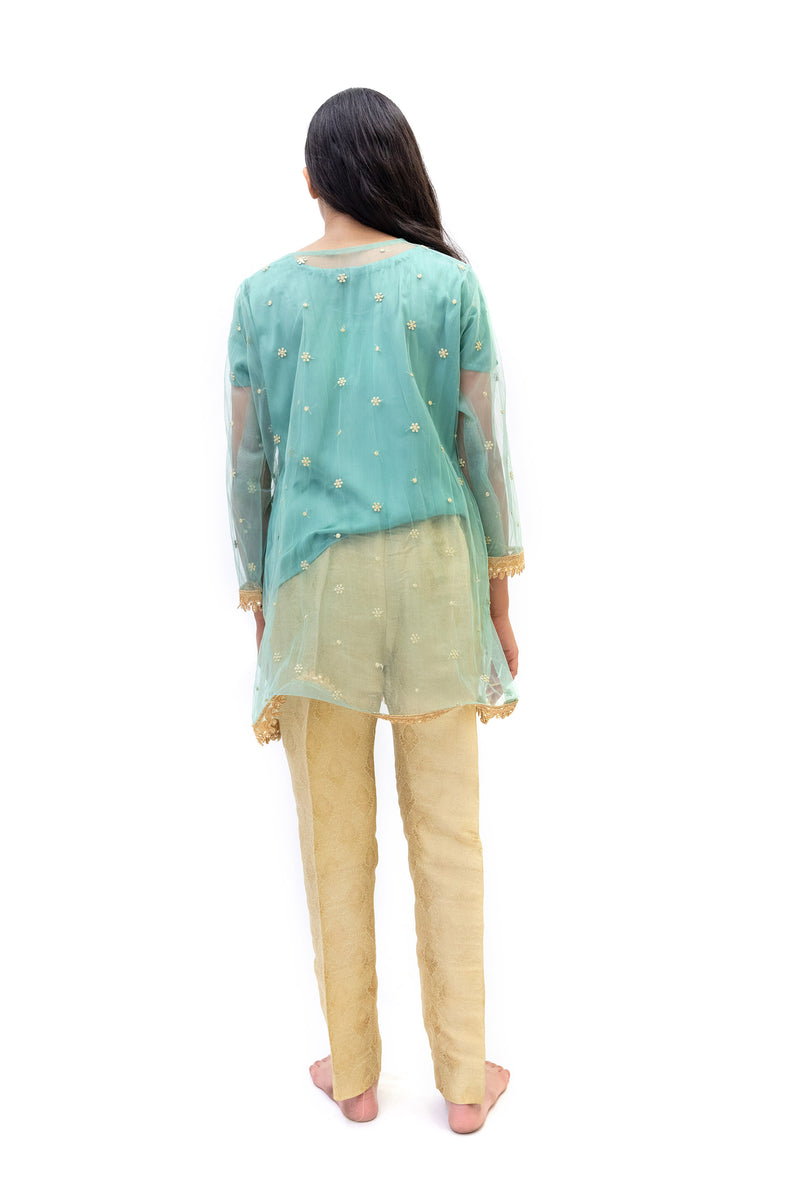 Gold Brocade Pant- Blue Net Shirt - Trendz & Traditionz Boutique