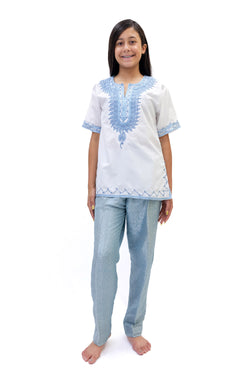 White Cotton Shirt With Blue Embroidery - Casual South Asian Fashion